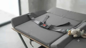 Detail of the safety harness strap and raised side barriers on the folding changing table to keep baby secure.