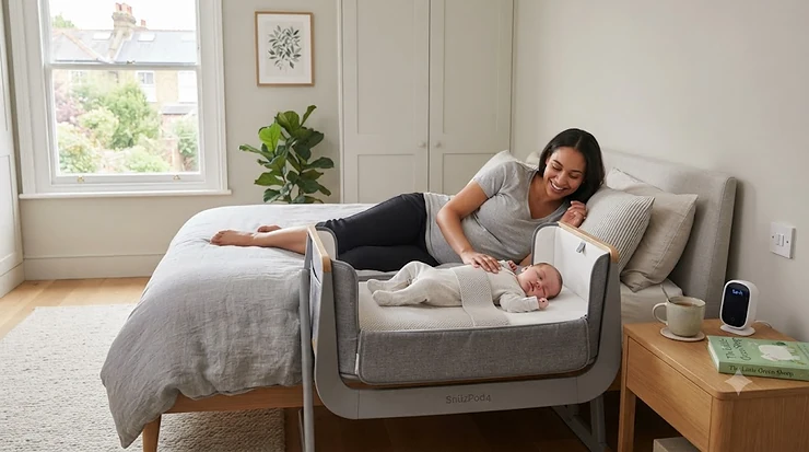 A parent resting comfortably next to the safest co-sleeping crib, meeting British safety standards. safest co sleeping crib
