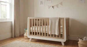 A Scandi-style wooden cot bed with adjustable base heights, styled in a minimalist nursery setting.