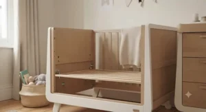 Close-up of a Scandi cot bed showing the conversion mechanism to a toddler bed for long-term use.