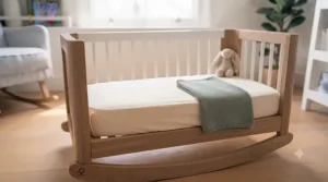 A Scandi-inspired modern baby cradle featuring clean lines and a neutral colour palette.