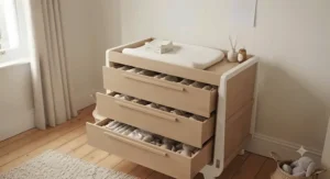 A wooden Scandi nursery changing unit with spacious soft-close drawers for baby essentials.