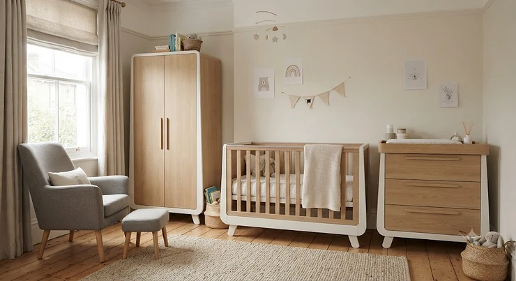 A modern, minimalist Scandi nursery furniture set featuring a wooden cot bed, matching chest of drawers with changing top, and a nursing chair in a neutral-toned British nursery. scandi nursery furniture set