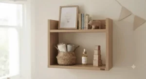 Minimalist wall-mounted wooden shelves featuring soft, neutral nursery decor accessories.