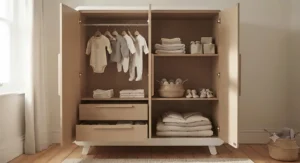 A sleek, minimalist Scandi nursery wardrobe with hanging rail and integrated shelving.