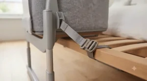 The secure strap mechanism attaching the safest co-sleeping crib firmly to a parent's bed.