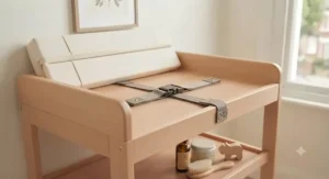 Close-up of safety rails on a budget-friendly changing table under £50 ensuring secure baby care.