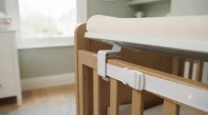 Close-up of safety brackets on a changer designed to fit securely on top of a cot to prevent movement during nappy changes.