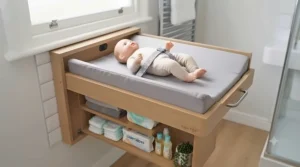 Raised safety sides and secure strap on an open wall-mounted baby changing station designed for secure home use.