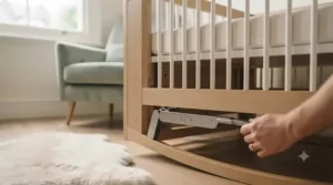 A parent engaging with the secure mechanism of a rocking crib, highlighting the safety and ease of use in a bedroom.