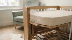 A solid wood rocking crib showcasing high-quality materials, ideal for a minimalist nursery aesthetic.