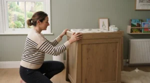 A detailed view of a robust, fixed wooden changing unit highlighting raised safety sides and a secure, stable construction in a warm nursery.