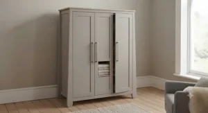 Close-up detail of high-quality, sustainable solid wood finish on traditional baby furniture.
