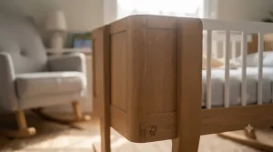 Close-up of a modern baby cradle crafted from sustainable, FSC-certified British wood.