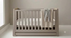 A classic wooden cot bed with adjustable height settings in a neutral finish, suitable for a traditional nursery.