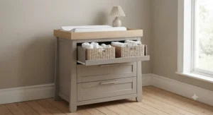 A spacious double wardrobe featuring traditional design, providing ample hanging space and storage for baby clothes.