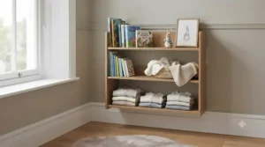 Matching wall shelving unit displaying books and toys above a 4-piece nursery furniture arrangement.