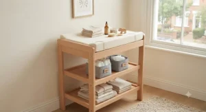 A minimalist light wood changing table under £50 styled with neutral baby care essentials.