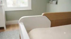 Detailed view of the smooth, durable white finish on a wooden changer built to fit safely on top of a baby cot.