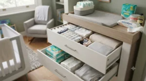 Nursery changing dresser featuring deep storage drawers for baby clothes and nappies