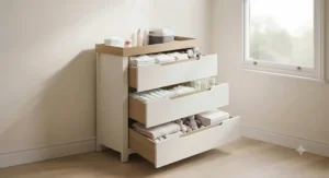 Deep storage drawers open on a wooden changing table dresser combo for baby clothes and nappies.