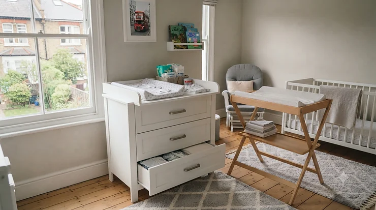 Chest of drawers with changer vs standalone changing table in a modern British nursery, comparing space-saving furniture options. chest of drawers with changer vs standalone changing table