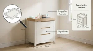 Space-saving dimensions diagram for a changing table dresser combo suited for compact UK bedrooms.