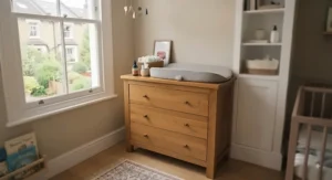Compact oak baby changing station neatly fitted into a cosy corner of a smaller UK nursery room.