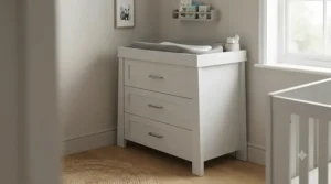 Open drawers of a removable top changing dresser neatly organised with baby clothes and muslins.