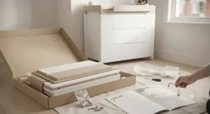 Flat-pack box and simple assembly guide for a home-build changing table dresser combo.