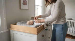 An ergonomically designed changing dresser providing comfortable height for nappy changes and toddler dressing.
