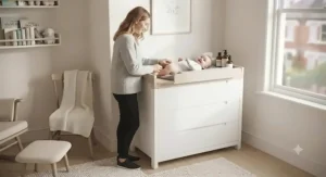 Parent using an ergonomic-height changing table dresser combo designed to prevent back strain.