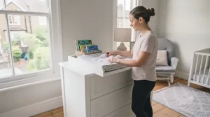 Ergonomic changing height on a standalone wooden changing table designed to prevent back strain for parents.