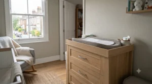Side profile of the removable top changing dresser highlighting the comfortable parent-friendly height for daily nappy changes.