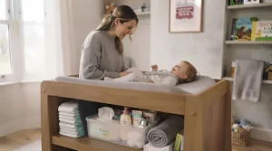 A parent comfortably changing a toddler at an ergonomically optimised height to prevent back strain.