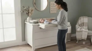 Parent comfortably using a waist-height white changing dresser designed for daily comfort.