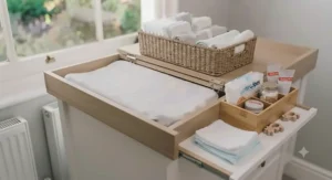 Versatile folding baby changing table with an integrated baby bath for multi-functional nursery use.