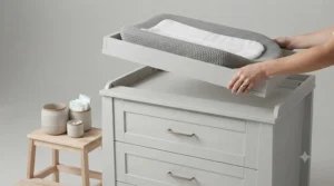 Step-by-step demonstration showing how the top attachment easily lifts off the changing dresser to leave a standard chest of drawers.
