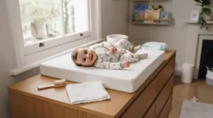 A neutral unisex baby changing mat featuring a subtle botanical pattern on a dresser.
