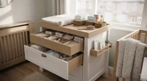 Spacious drawers inside a nursery changing unit filled with baby clothes and nappies, reviewed in top rated changing dresser guides.