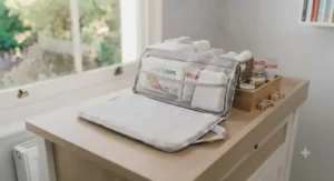 Organised storage baskets and essential changing products neatly arranged on a modern changing table shelf.