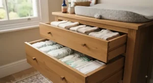 Open drawers of an oak changing table showcasing deep storage capacity for baby clothes and nappies.