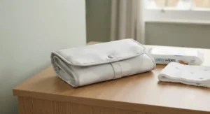 A portable waterproof changing mat folded compactly inside a modern changing bag.