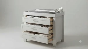 Scandi-style baby room featuring a natural wood removable top changing dresser against a soft grey wall.