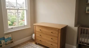 Versatile oak dresser with the top changer attachment removed, functioning as a standard child's bedroom chest of drawers.