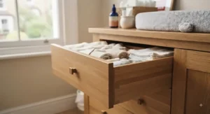 Scandi-style oak baby changer unit positioned against a painted wall in a minimalist nursery interior.