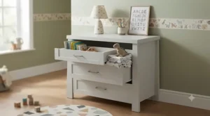 Close-up view of the secure locking mechanism on the removable top changing dresser ensuring stability during nappy changes.