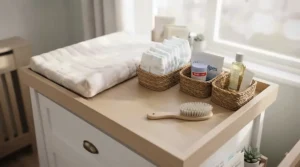A compact changing dresser fitted snugly in a smaller British apartment nursery, featured in top rated changing dresser reviews.