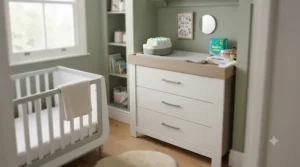Compact wooden baby changing dresser fitting neatly into a small British nursery