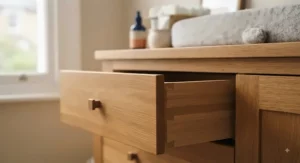 Close-up of smooth-gliding dovetail drawers on a solid oak changing unit showing natural wood grain.